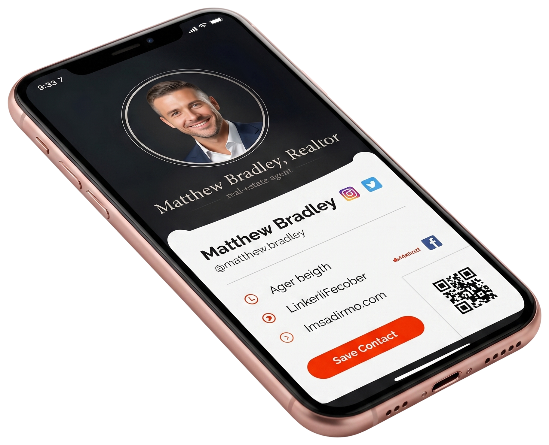 A digital business card on a phone screen for Matthew Bradley, Realtor, with a QR code and a Save Contact button