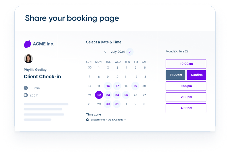 A Kalender booking page showing a calendar date picker with the current day highlighted and a list of selectable meeting times, one shown ready to confirm