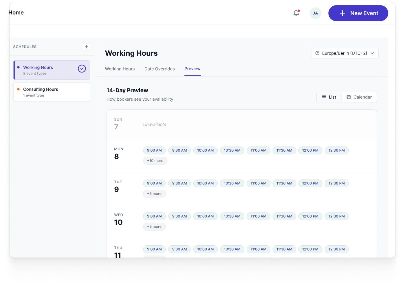 Kalender admin dashboard showing working hours, a 14-day availability preview, and schedule management for a team