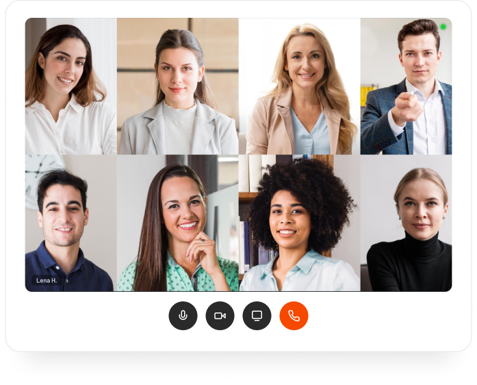 An 8-person video call grid showing team members on a Meet call