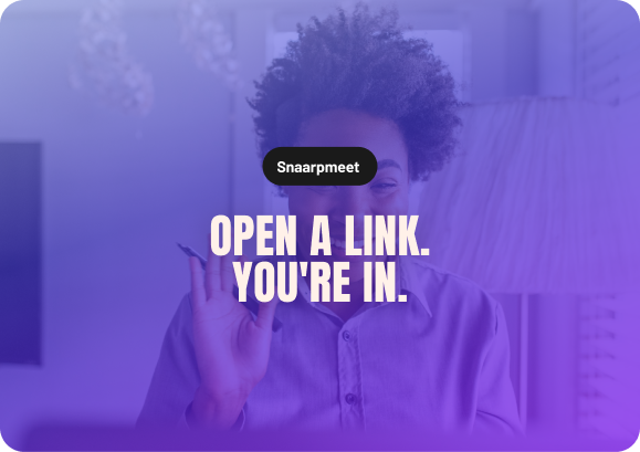A person casually raising a hand on a Snaarpmeet video call, captioned Open a link. You're in.